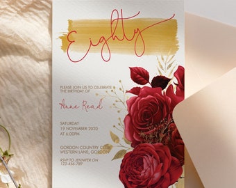 80th Birthday Red Gold Floral Invitation Printable Template, Eighty Editable Birthday Party Invitation for Women, Printable Eighty Party