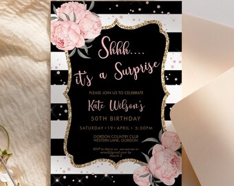 Rosa Blumen-Geburtstagseinladung: Gold, Glitzer, Schwarz & Weiß (Printable Template)