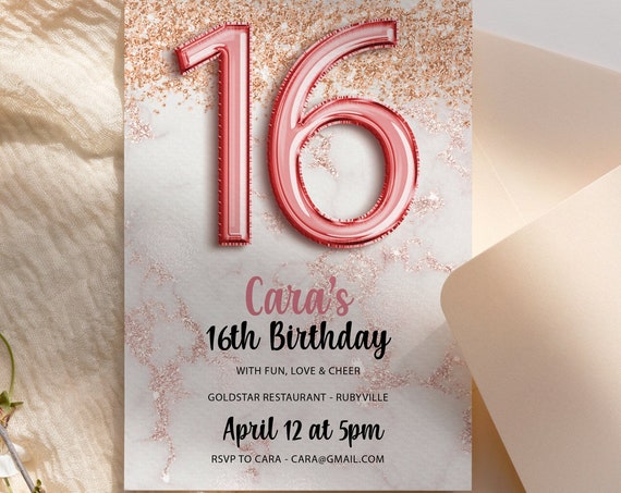 16th Birthday Marble Rosegold Balloons Invitation Printable Template, Sweet Sixteen Editable, Rose gold Glitter  Party Invite, Teen Party