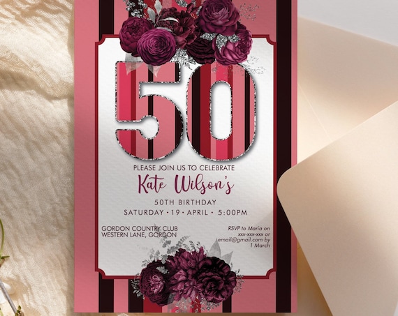 DIY 50th Birthday Burgundy Pink Striped Invitation Printable Template, Silver Floral Print Editable Birthday Party Invitation, Printable 50