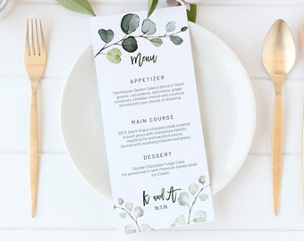 Greenery Wedding Menu: Leaf Design, Printable Menu (PDF)