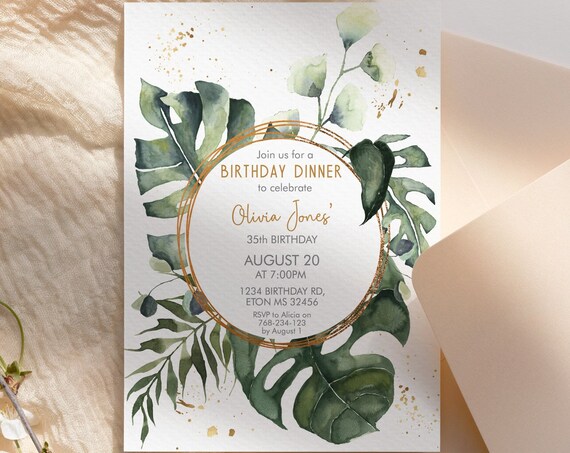 Tropical Green Gold Foliage Birthday Invitation,  Green Leaves Minimalist Invitation, Printable Lunch Party, Editable Template for Women
