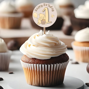 Classic Pooh 1st Birthday Cupcake Toppers | Little Honey Pot Printable Template | Winnie the Pooh Vintage Digital Download Party Decor