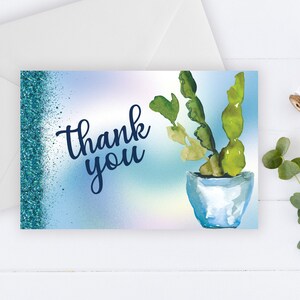 Tarjeta de agradecimiento con cactus en maceta con purpurina aguamarina, agradecimiento del suroeste, agradecimiento por las plantas, tarjeta de agradecimiento imprimible, agradecimiento por baby shower, agradecimiento por boda