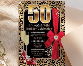 Leopard Birthday Invitation: Red, Gold, and Glitter (Printable Template)