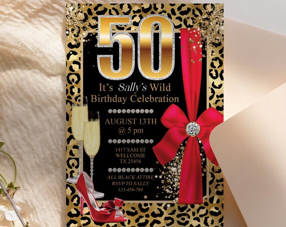 Red Gold Glitter Number Any Age Leopard Birthday Bows Heels Invitation Printable Template, Party Animal Diamond Editable Dinner Drink Party