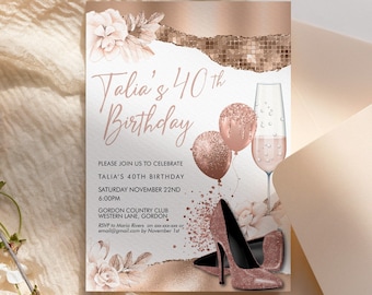 Rose Gold Heels Birthday Invitation: Cream Flowers, Glitter (Printable Card)