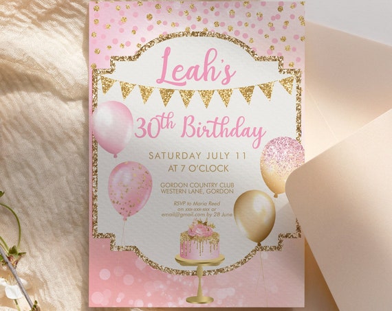 Pink Gold Glitter Birthday Balloons Invitation Printable Template, Pink Cake Editable Any Age Party Invitation for Women, Printable Card