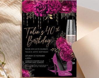 Hot Pink Glitter Stiletto Champagne Birthday Invitation Printable Template, Magenta Shoes Editable Party Dinner Women, Any Age Heels Invite