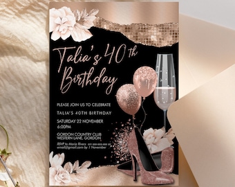 Rose Gold Birthday Heels Balloons Invitation Printable Template, Cream Flowers Glitter Editable Party Invitation for Women, Printable Card