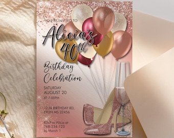 DIY Any Age Birthday Rosegold Heels Balloons Glitter Invitation Printable Template, Gold Glitter Shoes Editable Party Invitation for Women