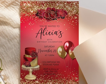 Any Age Birthday Red Rose Gold Glitter Cake Balloons Invitation Printable Template, Scarlet Editable Floral Women, Bright Red Ruby Roses