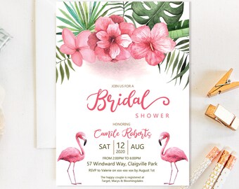 Pink Flamingo Bridal Shower Invitation: Tropical Floral Template (Editable)
