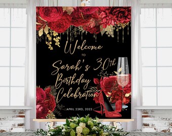 Red Glitter Heels Birthday Welcome Sign: Floral Roses (Printable 24x30)