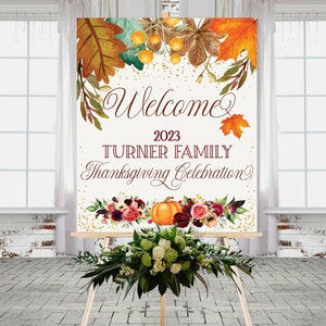 Thanksgiving Dinner Willkommensschild, Herbst Thema Zeichen, Party Schild, Herbstblumen Eintragsschild, Kürbis Floral Willkommen, Herbstblätter Poster 18x24
