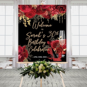 Red Glitter Heels Floral Roses Birthday Welcome Sign Printable Template, Editable Champagne Gold Black Party Sign for Women, Printable 24x30