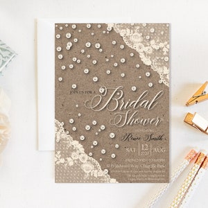 Ivory Lace Perlen Brautpartyeinladung, Kraft Rustikale Creme-Duscheeinladung, druckbare Brautparty, bearbeitbare Vorlage, Landcharme