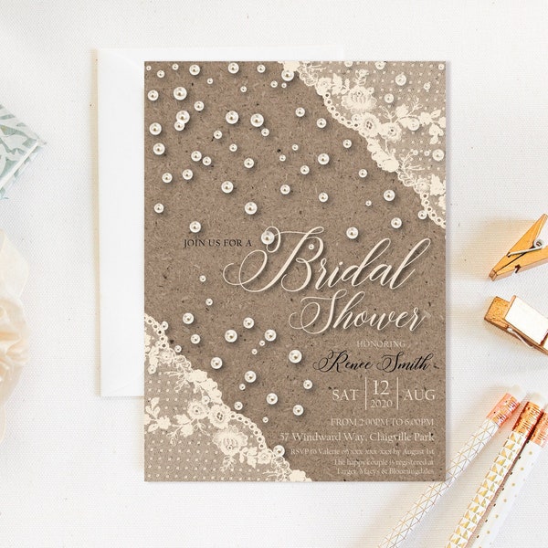 Ivory Lace Pearls Bridal Shower Invitation, Kraft Rustic Cream Shower Invitation, Printable Bridal Shower, Editable Template, Country Charm