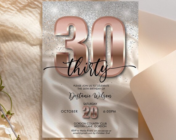 DIY Any Age Birthday Rosegold Ivory Silver Glitter Number Invitation Printable Template, Satin Editable Dinner Drinks Party Invitation Women