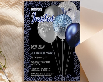 Silver Blue Birthday Balloons Invitation Printable Template, Silver Grey Glitter Editable Birthday Party Invitation, Unisex Printable Card