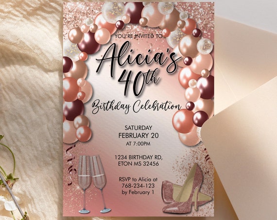 DIY Any Age Birthday Rosegold Heels Balloon Arch Glitter Invitation Printable Template, Pink Champagne Editable Party Invitation for Women