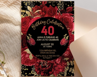 Red Roses Birthday Invitation Template: Gold Confetti Floral (Printable Card)