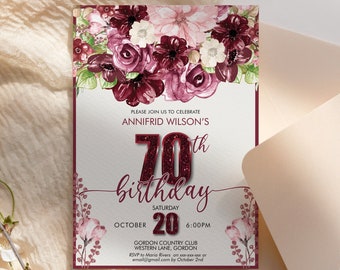 Any Age Birthday Burgundy Fall Floral Invitation Printable Template, Glitter Number, 50th, 60th, 70th, 80th, 90th, 100th, Invite for Women