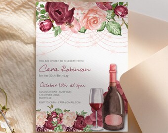 May include: A white invitation with a watercolor floral design featuring pink and burgundy roses. The invitation text reads "You are invited to celebrate with Cara Robinson for her 30th Birthday October 15th at 5pm Goldstar Bar - Rubyville 1234 River Drive, Rubyville RSVP to Cara - cara@gmail.com".