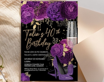 Purple Gold Glitter Stiletto Birthday Invitation | Champagne & Floral Design | Editable Template