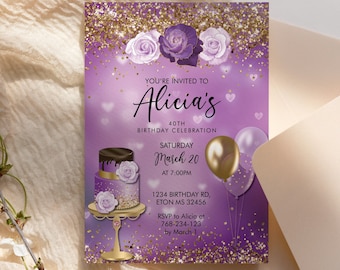 Lilac Purple Birthday Invitation: Gold Glitter Cake, Balloons (Printable Template)