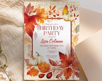 May include: A fall-themed birthday party invitation with watercolor illustrations of pumpkins and autumn leaves in shades of red, orange, and gold. The invitation includes the text "BIRTHDAY PARTY" and event details.