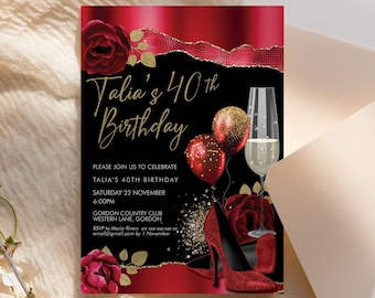 Red Gold Birthday Heels Invitation: Rose Flowers, Glitter (Printable Template)