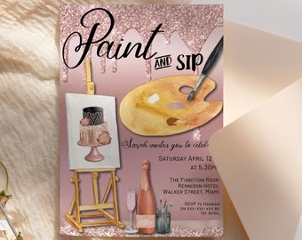 Paint and Sip Invitation: Rose Gold Glitter, Editable Birthday Party (Printable Card)