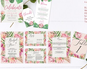 King Protea Wedding Invitation Bundle: Tropical Floral (Digital Download)