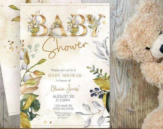 Gold Fall Floral Baby Shower Invitation, Autumn Leaves Shower Invite, Printable Baby Shower, Editable Template, Watercolor Baby Shower