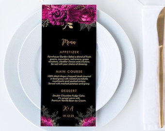 Hot Pink Roses Wedding Menu: Gold Floral Design (DIY Editable Download)