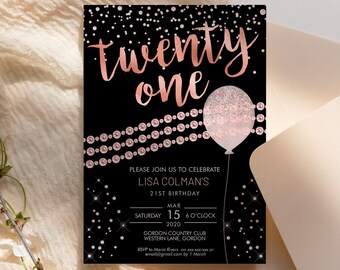 Modèle d'invitation pour 21e anniversaire : losange rose, ballon scintillant (invitation imprimable)