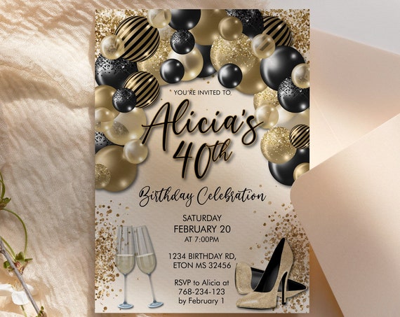 DIY Any Age Birthday Black Gold Heels Balloon Arch Glitter Invitation Printable Template, Champagne Editable Party Invitation for Women