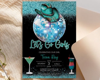 Aqua Disco Cowgirl Birthday Glitter Drinks Invitation Template, Editable Party Invite Women, Country, Cowboy Hat, Boots, Yeehaw Bachelorette