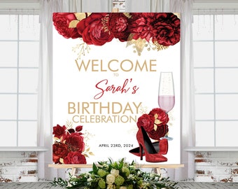 Letrero de bienvenida de cumpleaños con rosas rojas: purpurina dorada, plantilla editable (imprimible de 24x30).