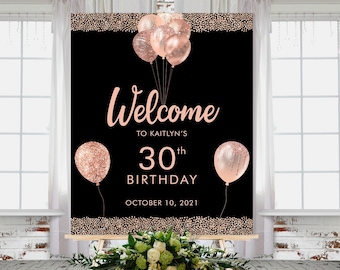 Rose Gold Birthday Welcome Sign: Black Glitter Balloons (Printable 18x24)