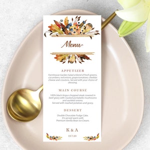 Menú de boda con hojas de otoño, menú editable, tarjetas de menú, menú imprimible de jardín, menú de boda de otoño, menú de fiesta, menú descargable, menú de flores