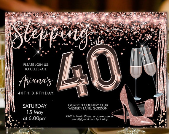 Stepping into 40 Birthday Invitation Printable Template, Horizontal RoseGold Heels Blush Champagne Party Women, Printable gold lights Invite
