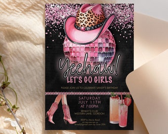 Pink Disco Cowgirl Birthday Glitter Drinks Invitation Template, Editable Party Invite Women, Country, Cowboy Hat, Boots, Yeehaw Bachelorette