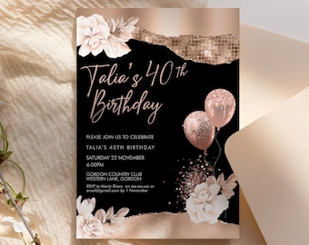Może przedstawiać: Czarno-różowe zaproszenie na urodziny z kwiatowym wzorem, balonami i brokatem. Tekst brzmi "Talia's 40th Birthday".