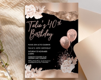 Rose Gold Birthday Floral Balloons Invitation Printable Template, Cream Flowers Glitter Editable Party Invitation for Women, Printable Card