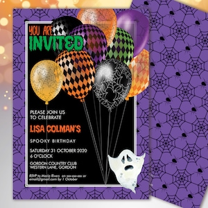 May include: Halloween-themed invitation with a black background and colorful balloons. The text reads "YOU ARE INVITED" and details for Lisa Colman's spooky birthday. The invitation has a purple border with spiderwebs and spiders.