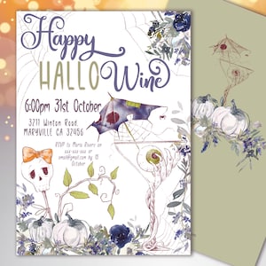 May include: Halloween-themed invitation with the text "Happy HallowWine" and event details. The design features a martini glass, pumpkins, and floral accents in shades of purple, blue, and green. The invitation includes a matching envelope.