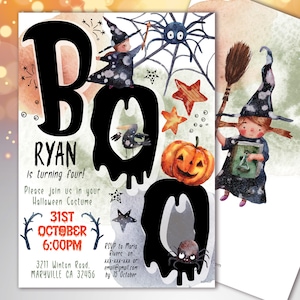May include: Halloween-themed invitation with the word "BOO" in black dripping letters. The invitation includes a watercolor illustration of a witch, a pumpkin, stars, and a spider. Text includes the name "RYAN" and party details.