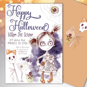 May include: Halloween-themed invitation featuring a watercolor illustration of a spooky girl with pigtails, holding a doll and a lollipop. The invitation includes the text "Happy Halloween", event details, and RSVP information. A matching card with a skull design is also shown.